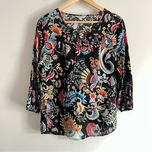 Hester & Orchard Linen Blend Black Floral Tunic Blouse Womens Size Medium